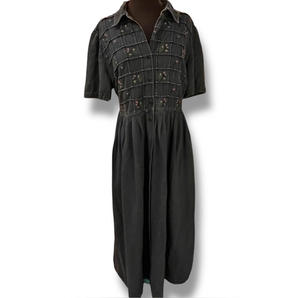 VTG 90s Cottage Core Denim Dress Button Up Floral Embroidery Modest Sz 16W - Picture 1 of 9